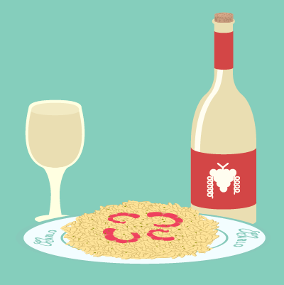White wine with seafood risotto. 